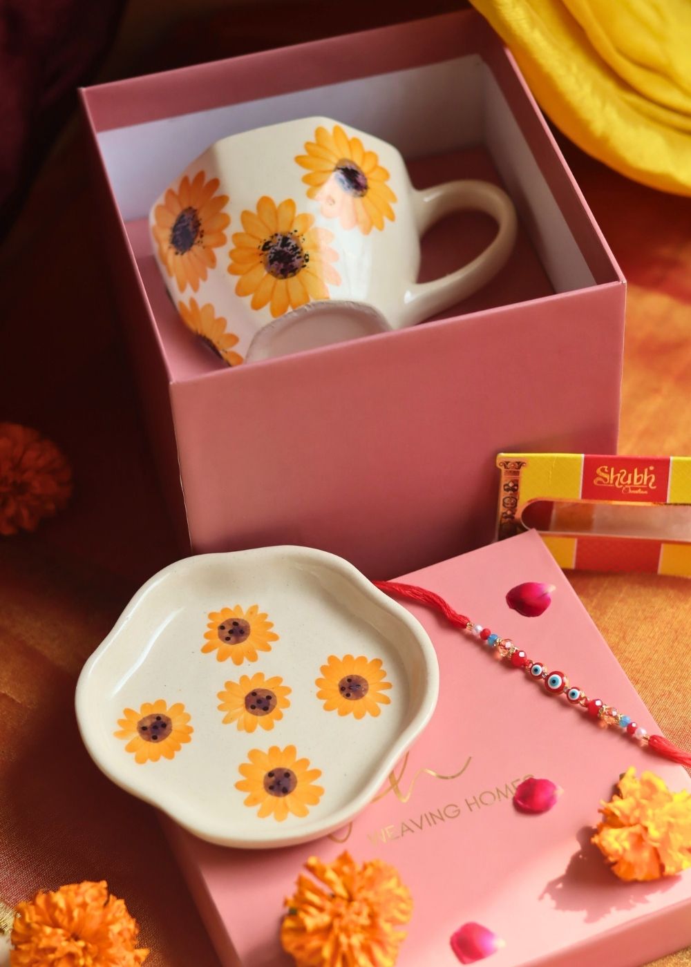 Surajmukhi Mug & Dessert Plate Rakhi Gift Box handmade in India
