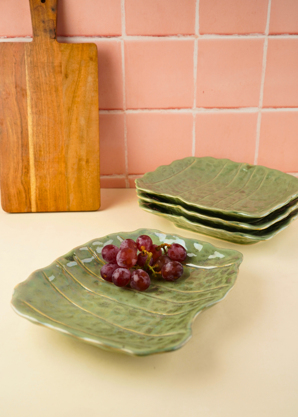 pistachio stoneware platter with square design