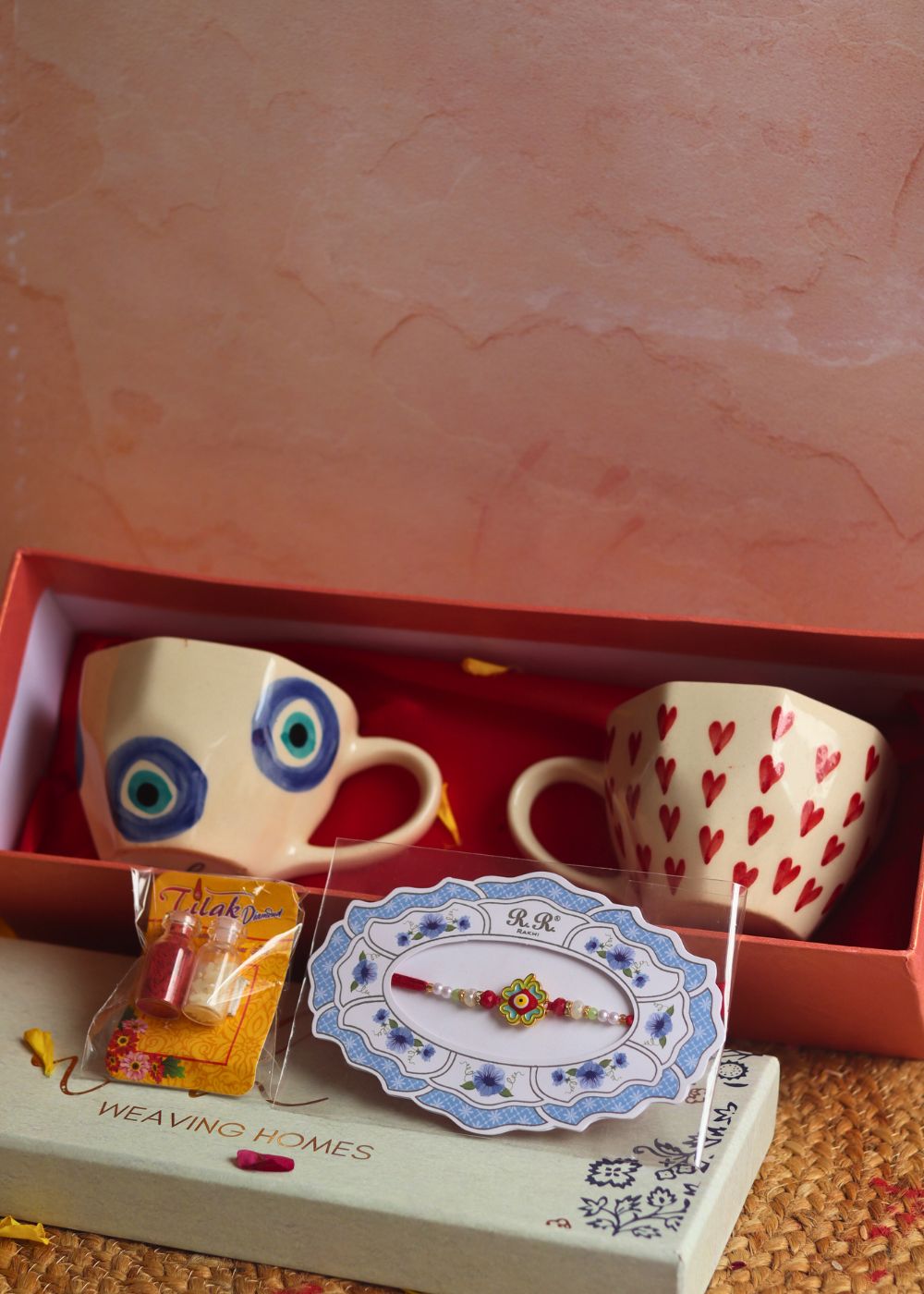 heart & Evil Eye mug set rakhi gift box handmade in india 