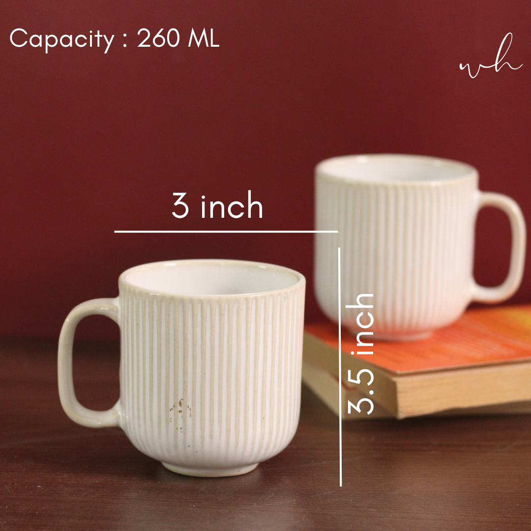 Handmade ceramic white lined coffee mugs height & breadth