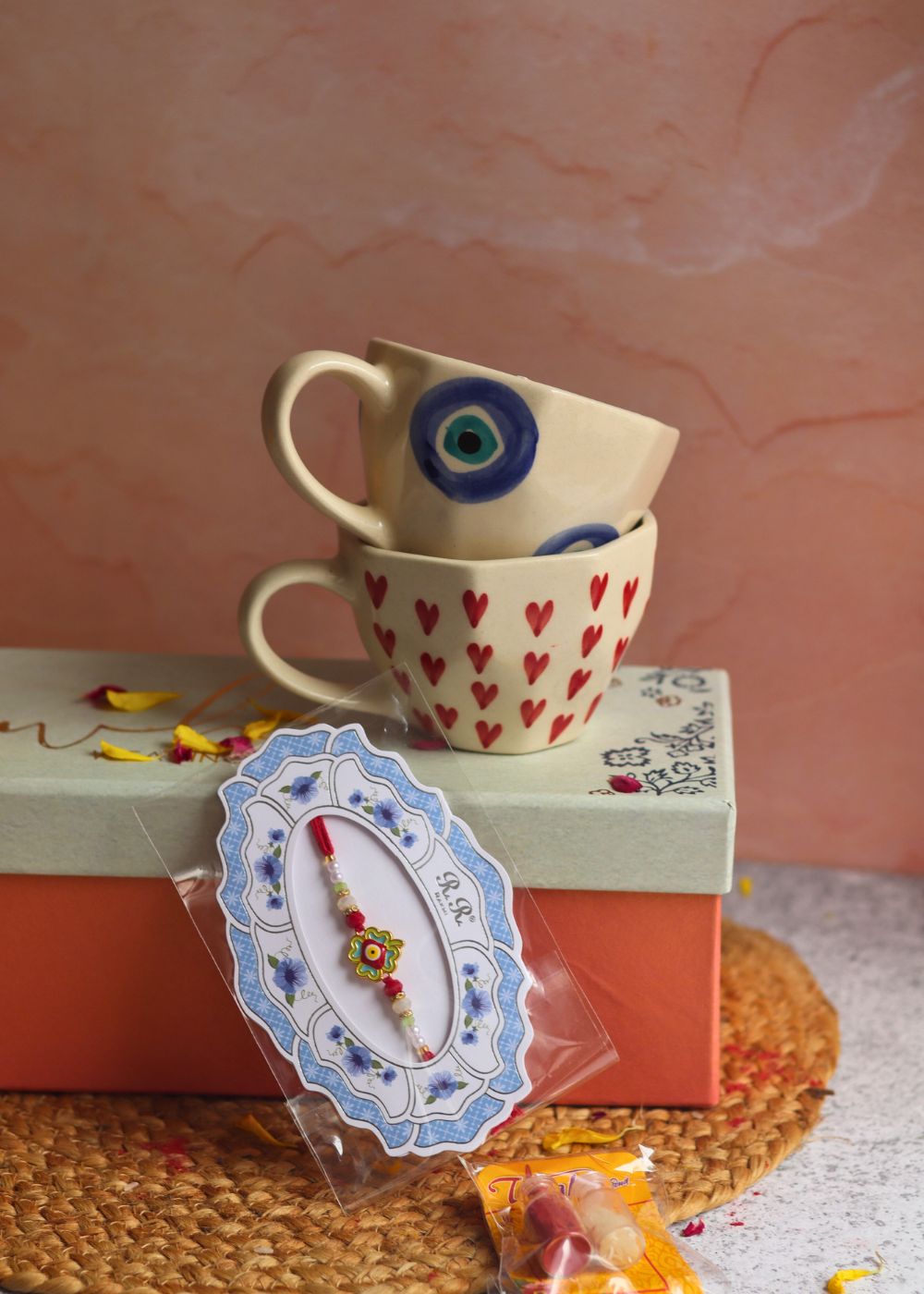 heart & Evil Eye mug set rakhi gift box with good quality