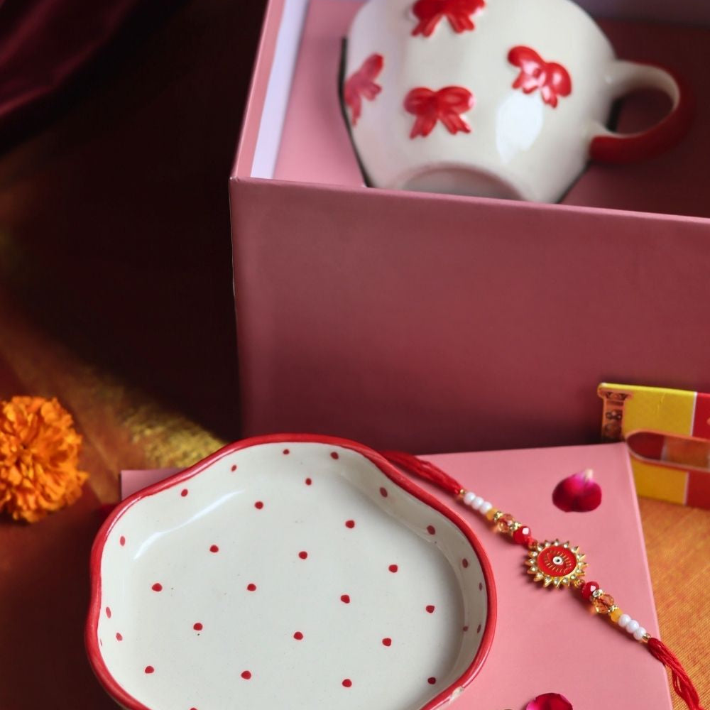 Handmade Bow Mug & Red Polka Dessert Plate Rakhi Gift Box