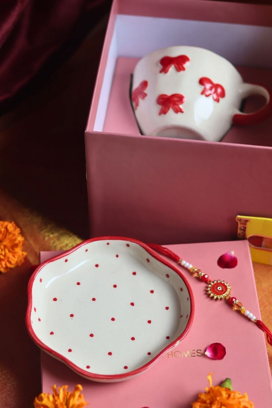 Handmade Bow Mug & Red Polka Dessert Plate Rakhi Gift Box