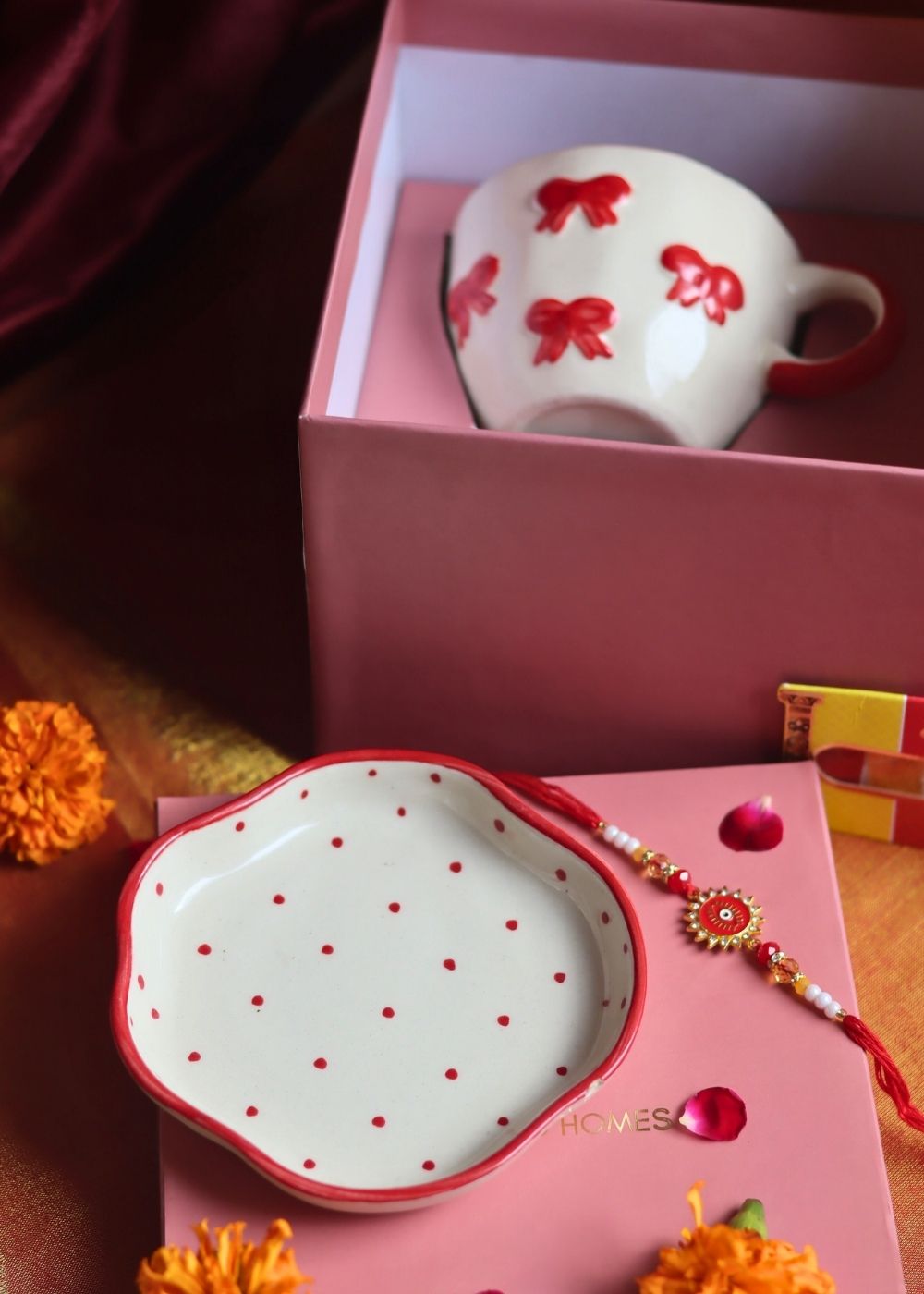 Handmade Bow Mug & Red Polka Dessert Plate Rakhi Gift Box