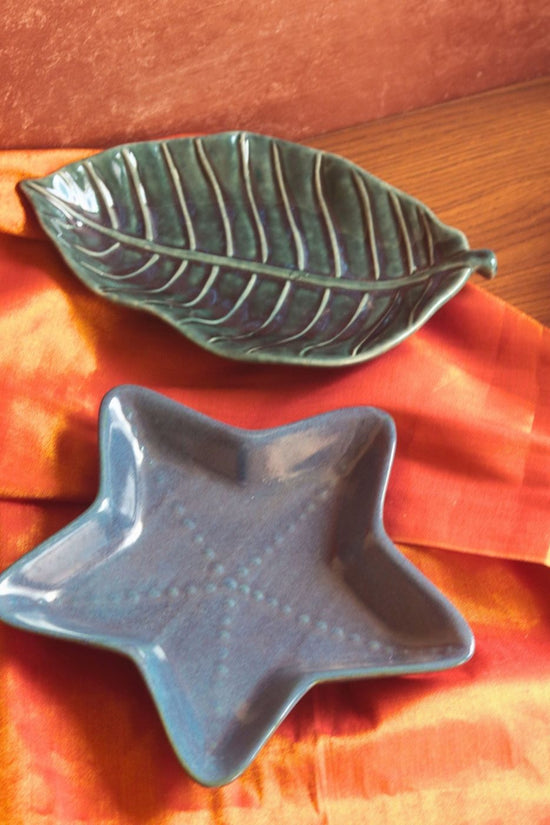 Foilage leaf & Starfish Platter - Set of 2 made by ceramic