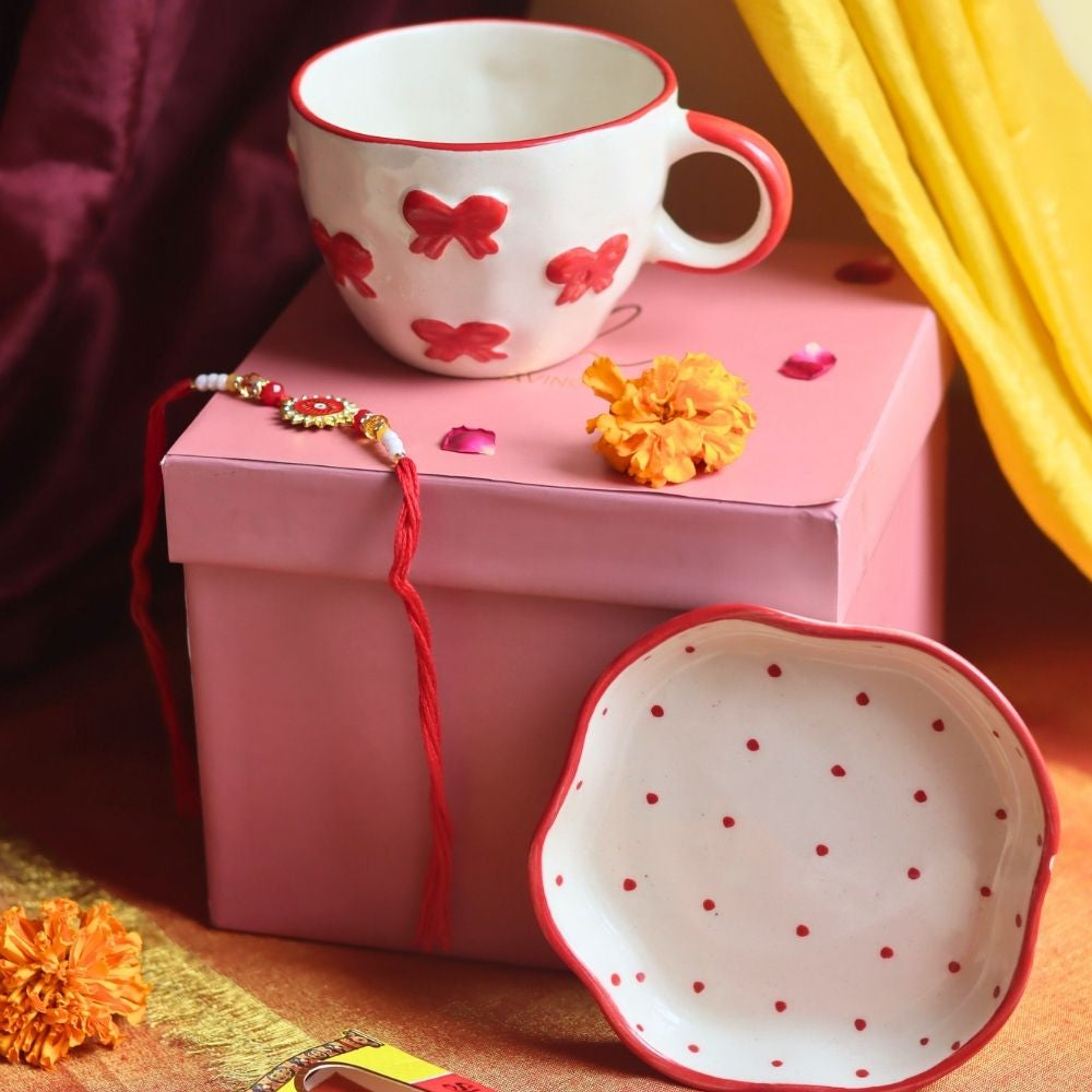 Bow Mug & Red Polka Dessert Plate Rakhi Gift Box made by ceramic