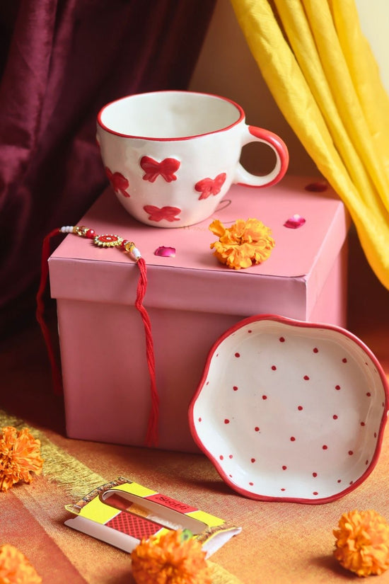 Bow Mug & Red Polka Dessert Plate Rakhi Gift Box made by ceramic