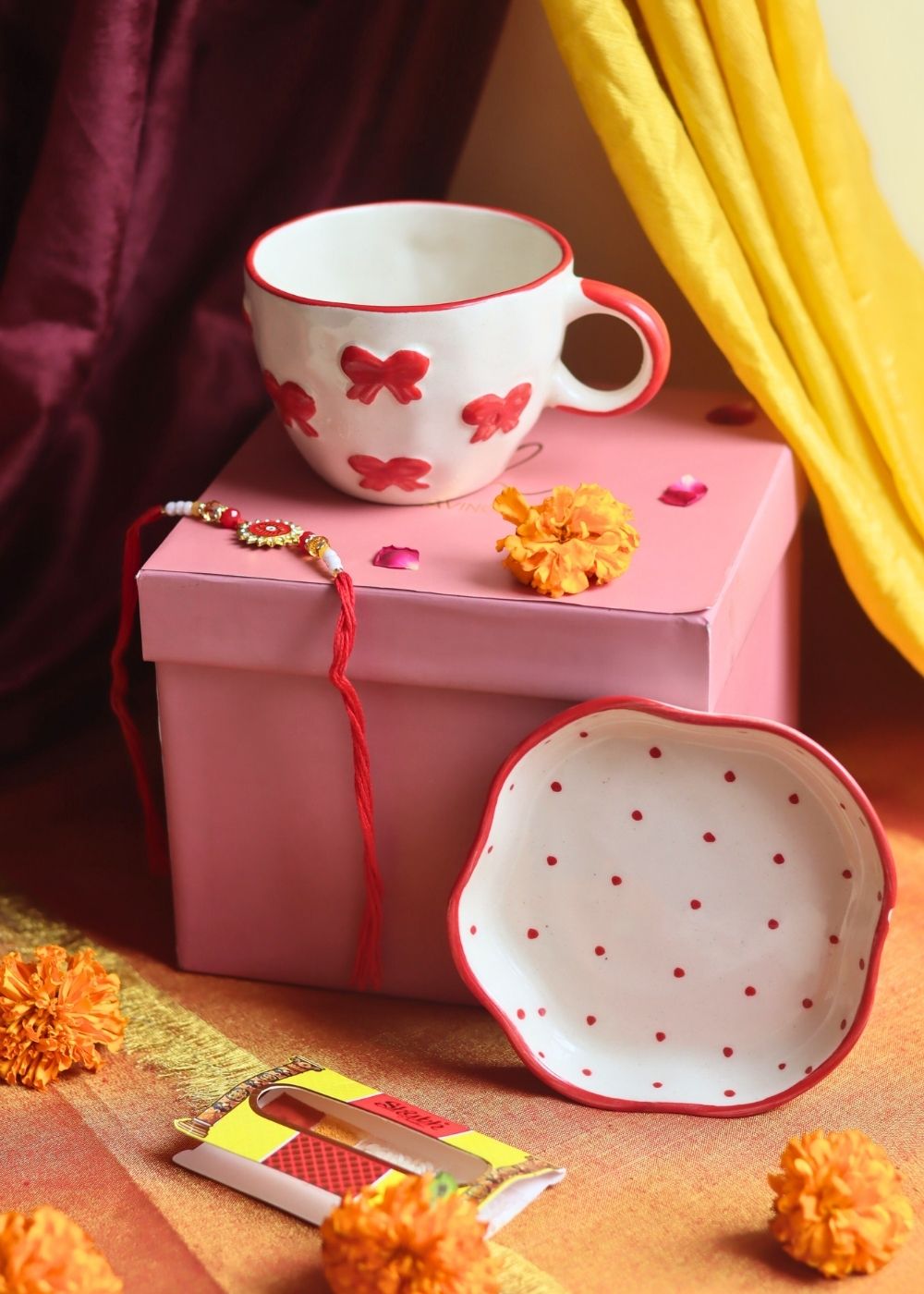 Bow Mug & Red Polka Dessert Plate Rakhi Gift Box made by ceramic