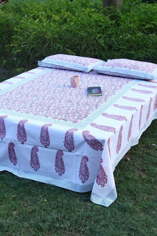 Block printed bedsheet with pillows