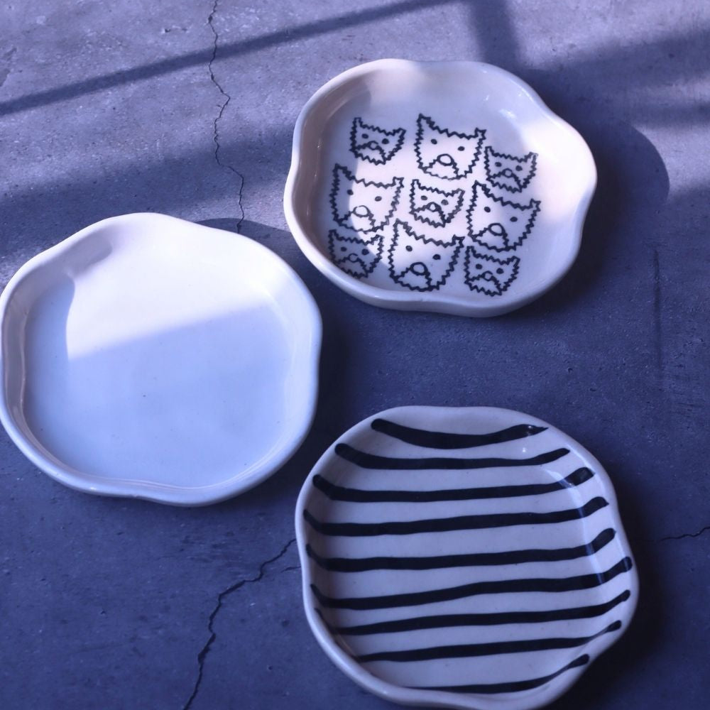 Handmade Zebra, Cat & White Handmade Dessert Plate - Set of 3