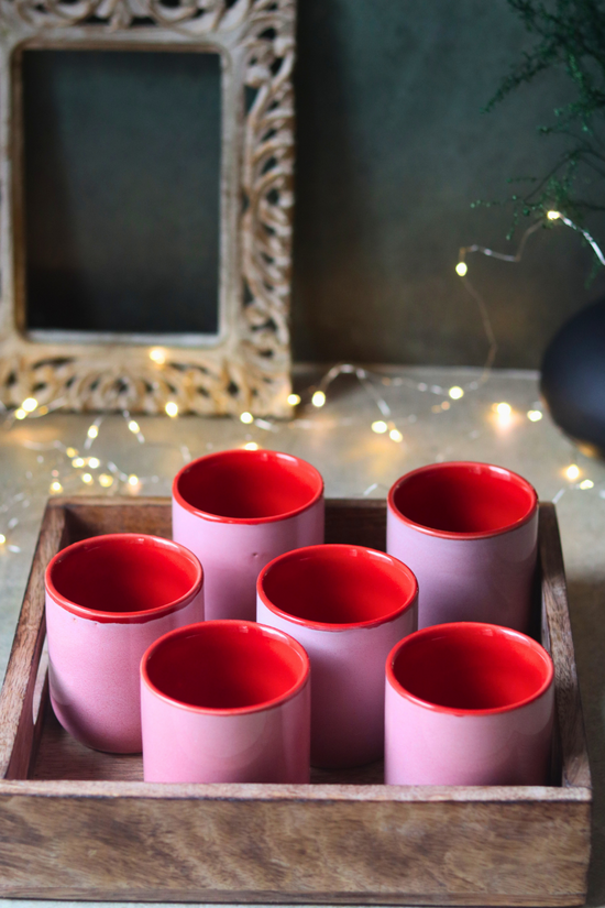 Solid pink color drinkware kulhads in tray 