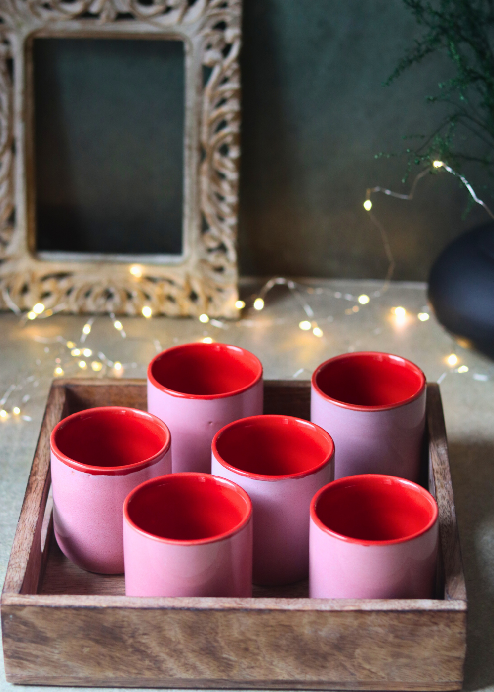 Solid pink color drinkware kulhads in tray 