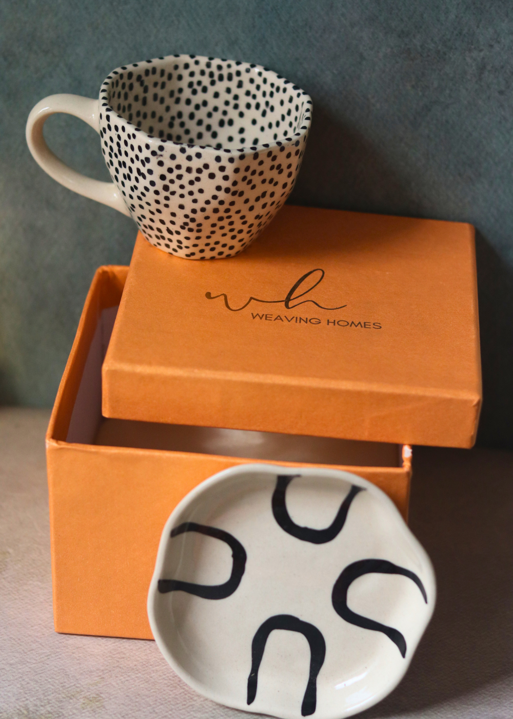 Handmade black polka coffee mug & dessert plate with gift box