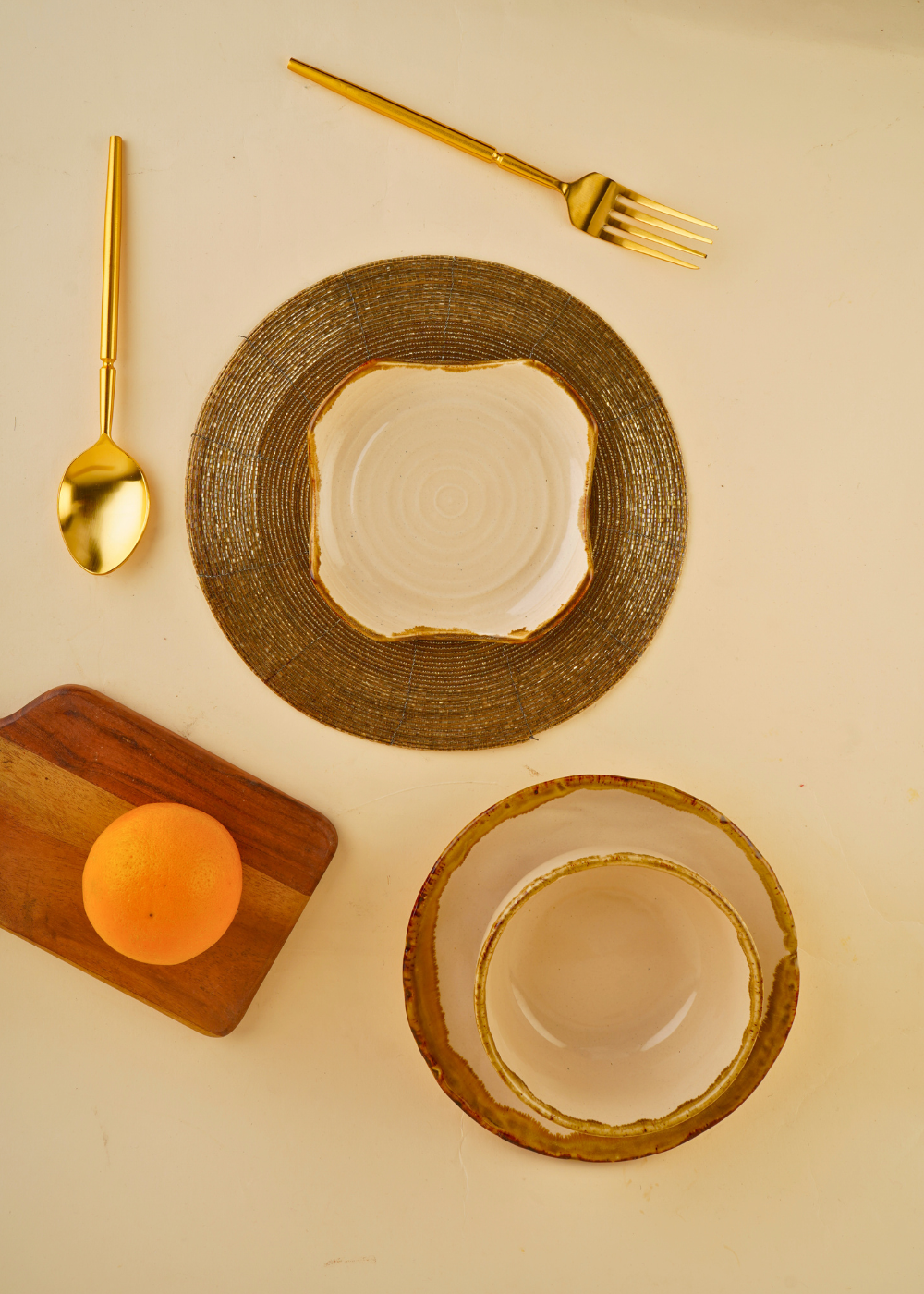 ivory dinner set combo with golden cutlery