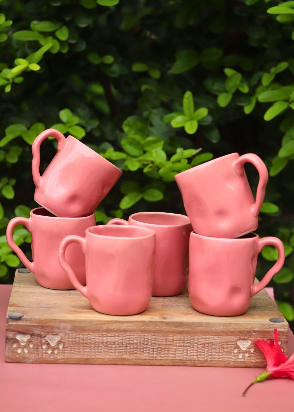Set of 6 - Pink Wavy Mug handmade in India