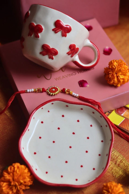 Bow Mug & Red Polka Dessert Plate Rakhi Gift Box handmade in India