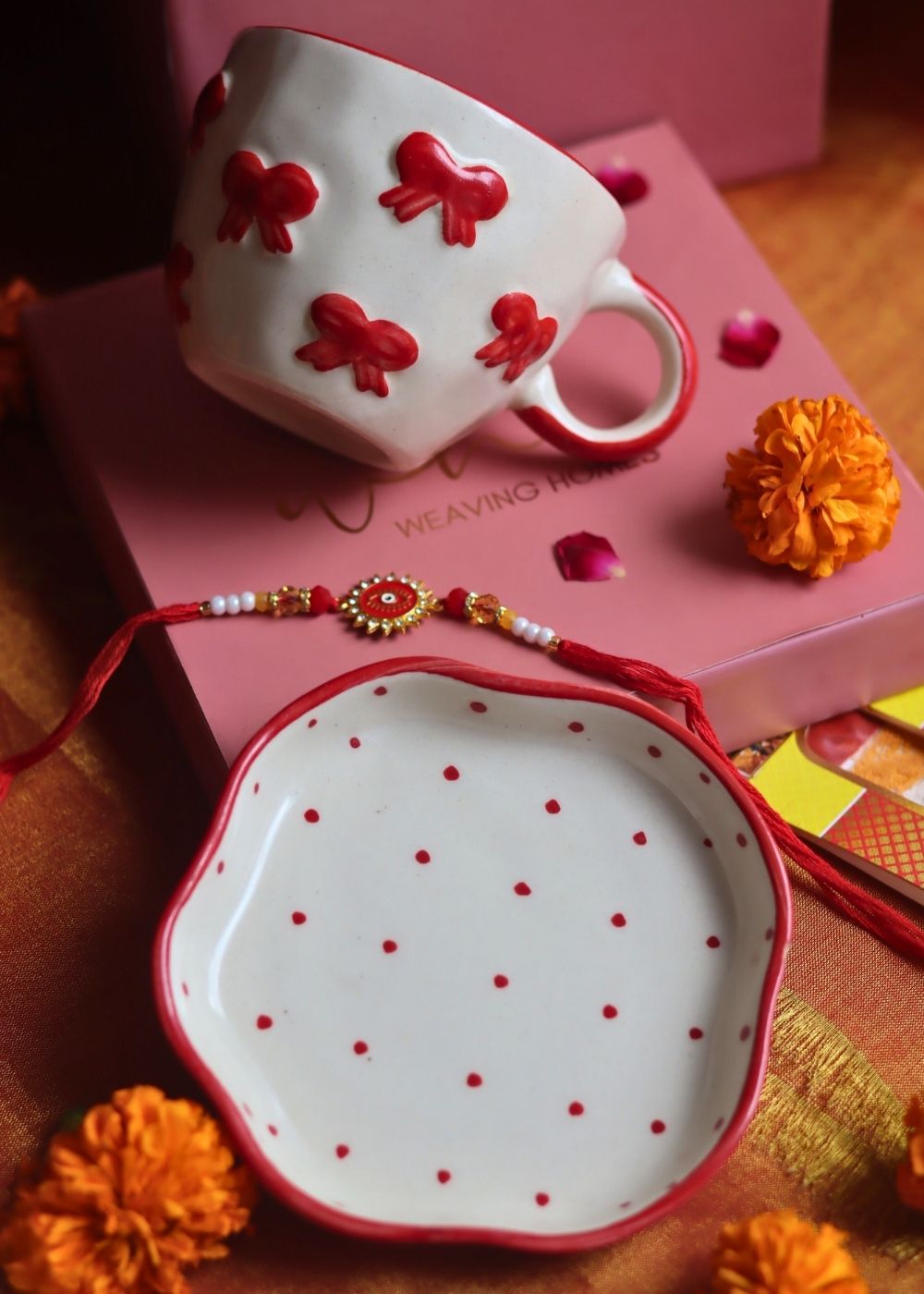 Bow Mug & Red Polka Dessert Plate Rakhi Gift Box handmade in India