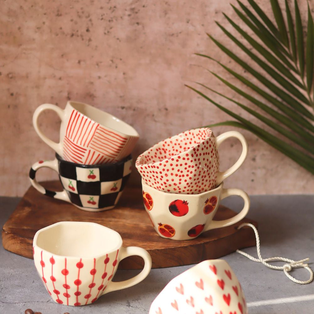 Handmade Set of 6 Heart & Polka Mugs (for the price of 5)