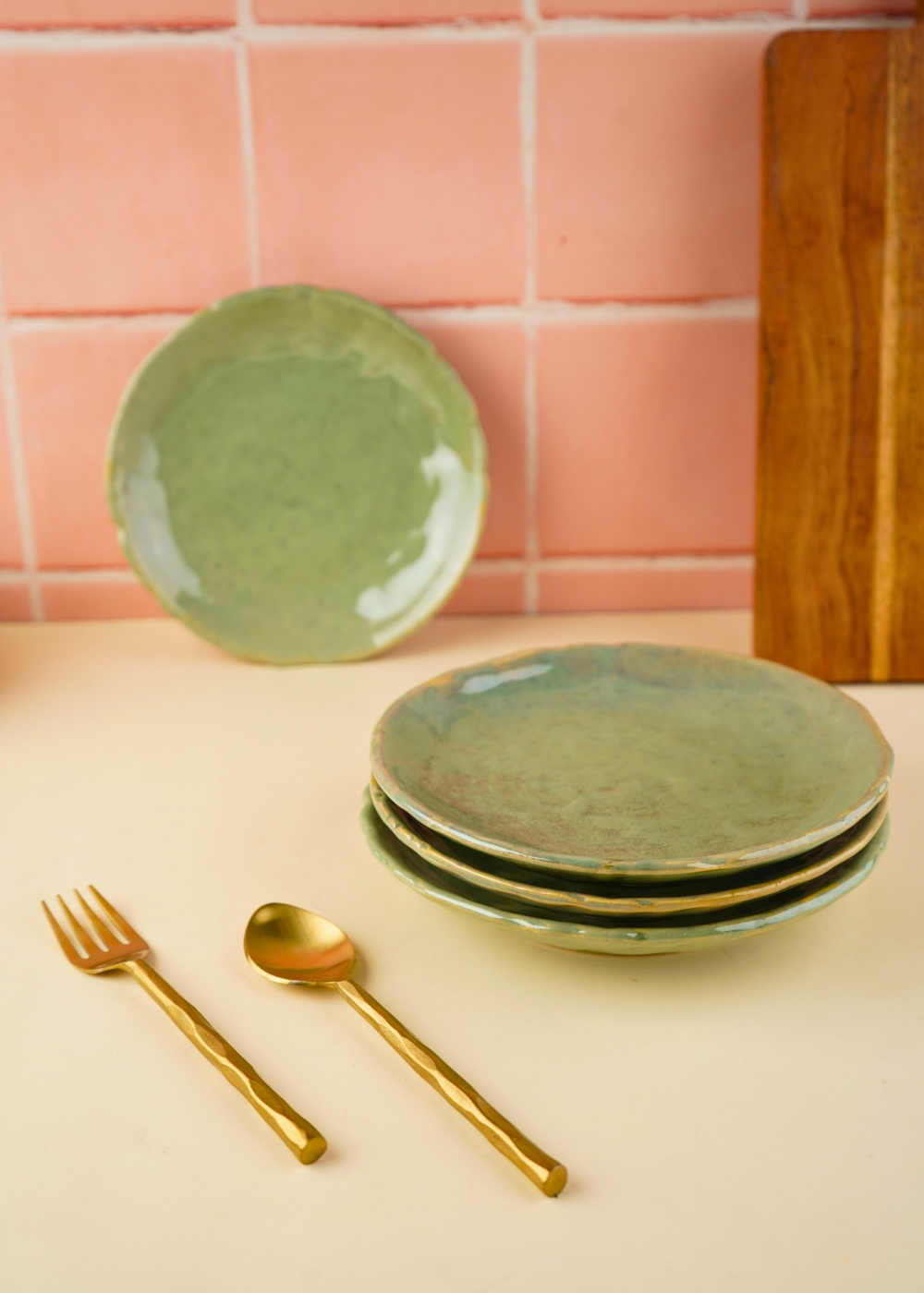 pistachio stoneware quarter plate with golden cutlery