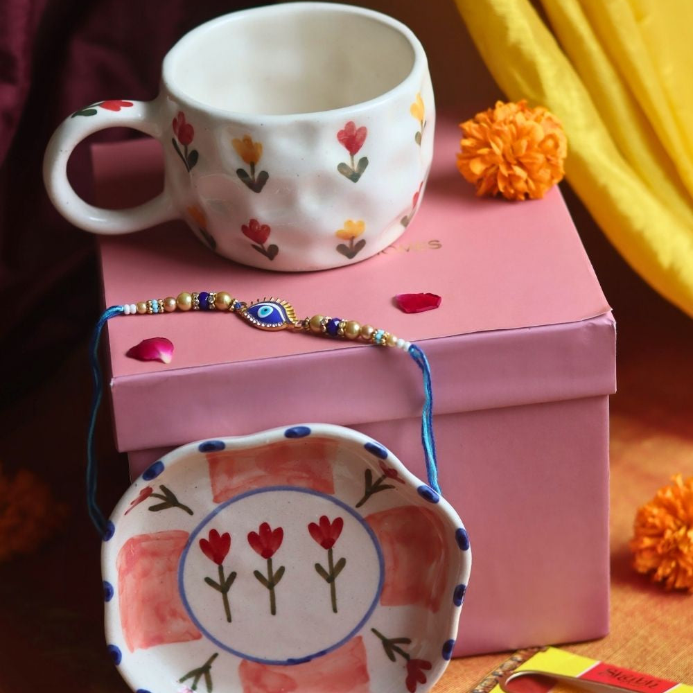 Handmade Tulip Floral Mug & Peony handmade Dessert Plate Rakhi Gift Box