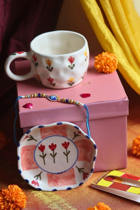 Handmade Tulip Floral Mug & Peony handmade Dessert Plate Rakhi Gift Box