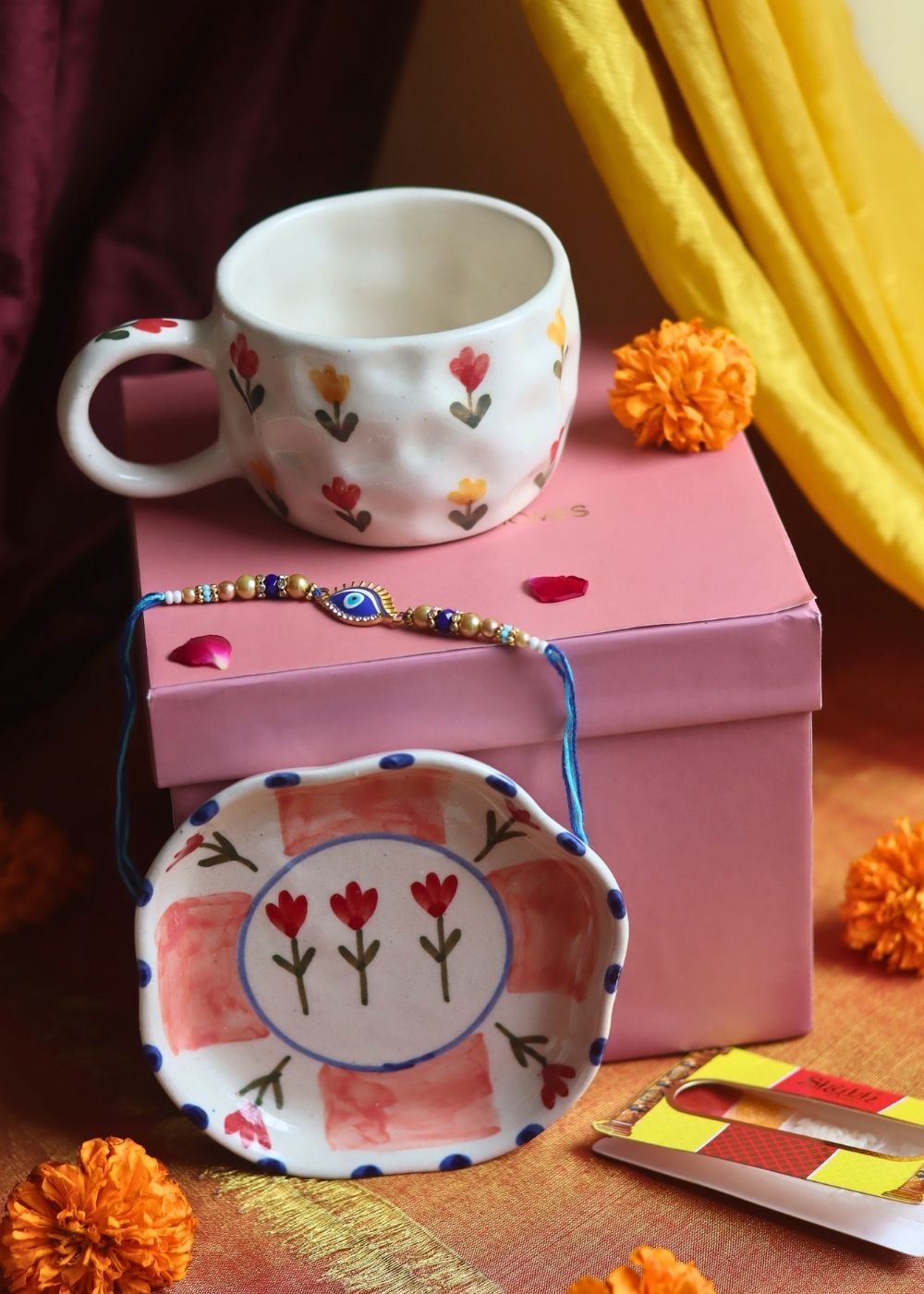 Handmade Tulip Floral Mug & Peony handmade Dessert Plate Rakhi Gift Box