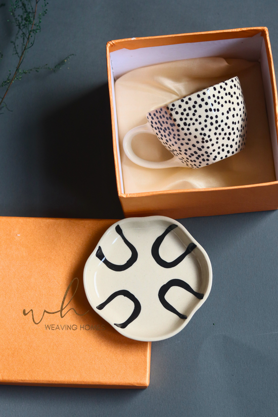 Black Polka Mug & Abstract Dessert Plate in a gift Box