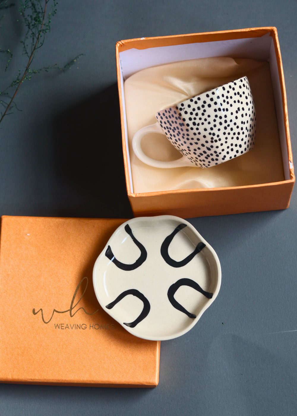 Black Polka Mug & Abstract Dessert Plate in a gift Box