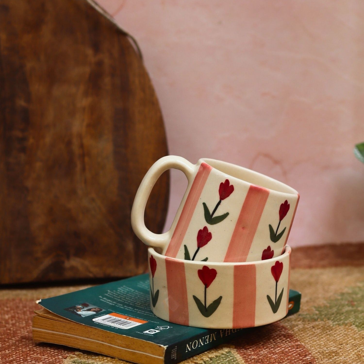 Handmade Set of 2 - Tulip Striped Mug & Pastel tulip bowl Combo