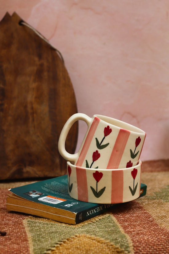 Handmade Set of 2 - Tulip Striped Mug & Pastel tulip bowl Combo