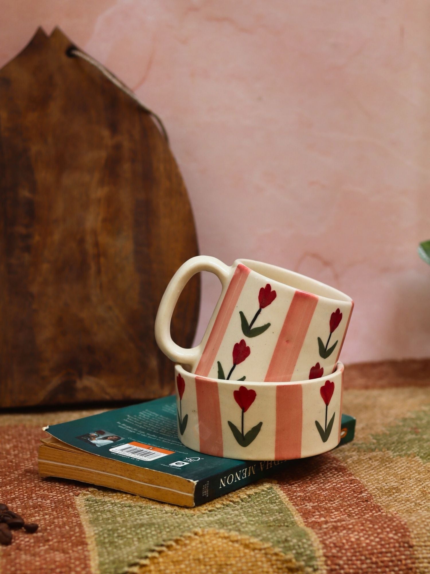 Handmade Set of 2 - Tulip Striped Mug & Pastel tulip bowl Combo
