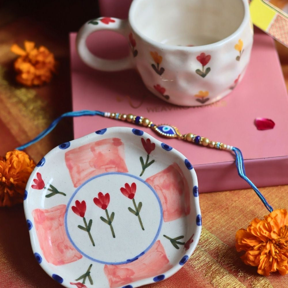 Tulip Floral Mug & Peony handmade Dessert Plate Rakhi Gift Box made by ceramic