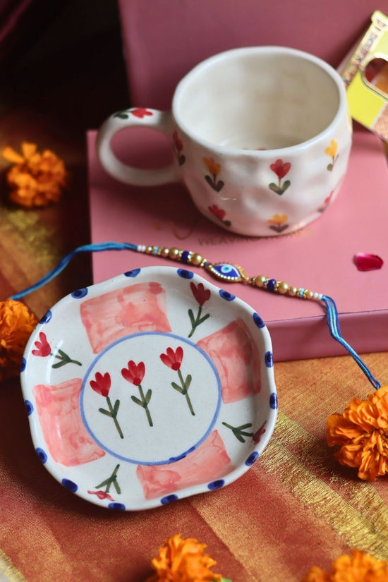 Tulip Floral Mug & Peony handmade Dessert Plate Rakhi Gift Box made by ceramic