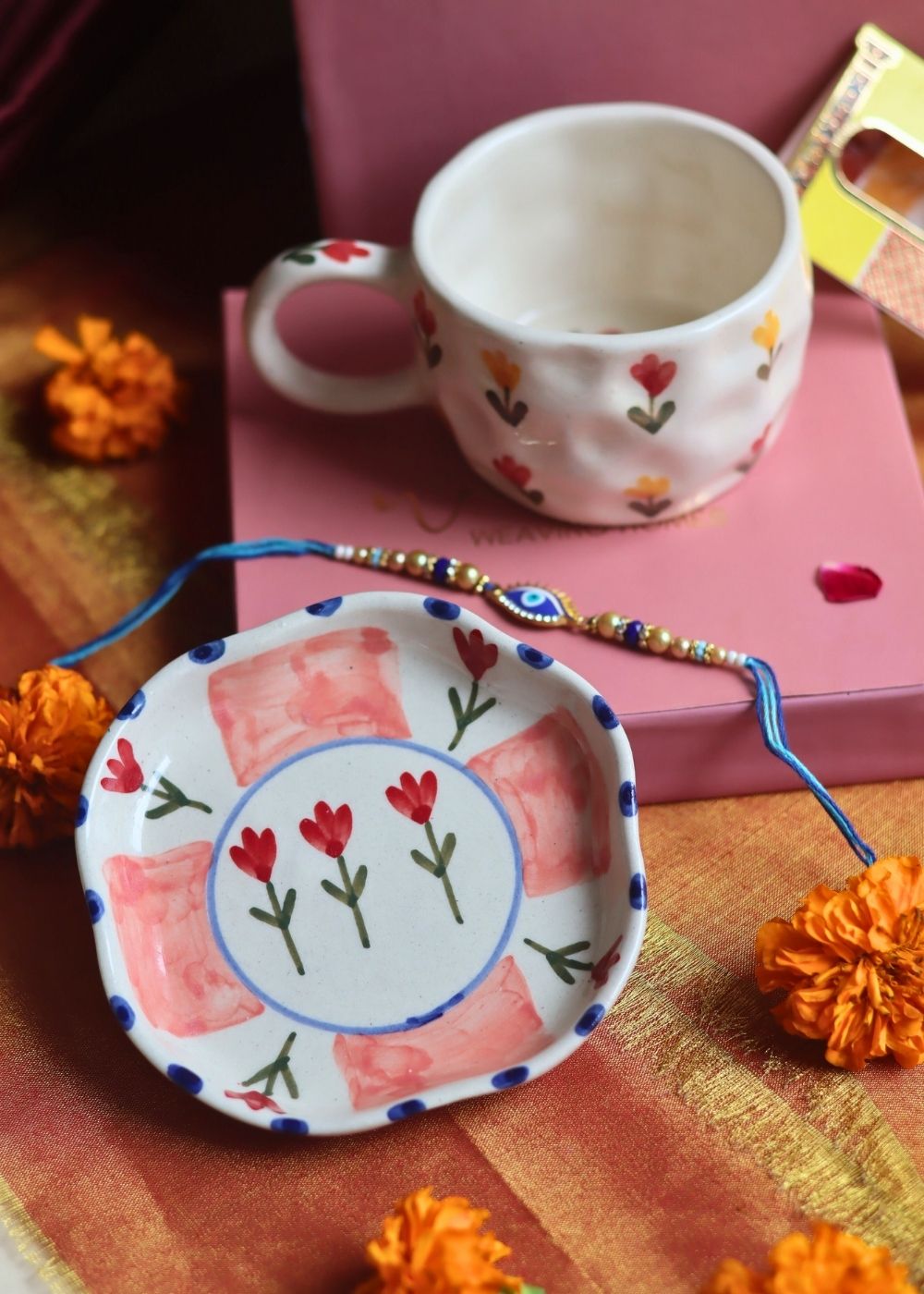 Tulip Floral Mug & Peony handmade Dessert Plate Rakhi Gift Box made by ceramic