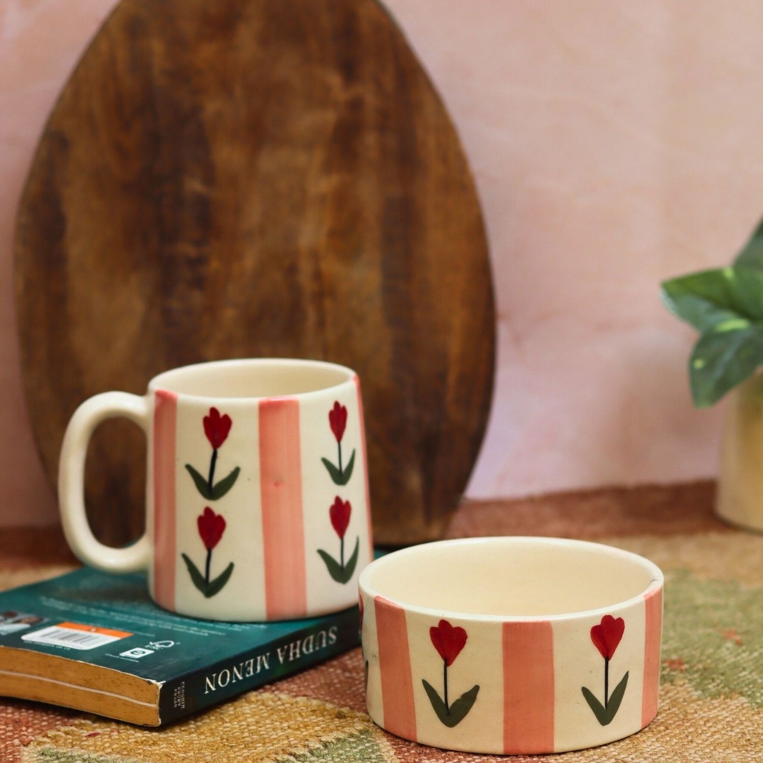 Set of 2 - Tulip Striped Mug & Pastel tulip bowl Combo made by ceramic