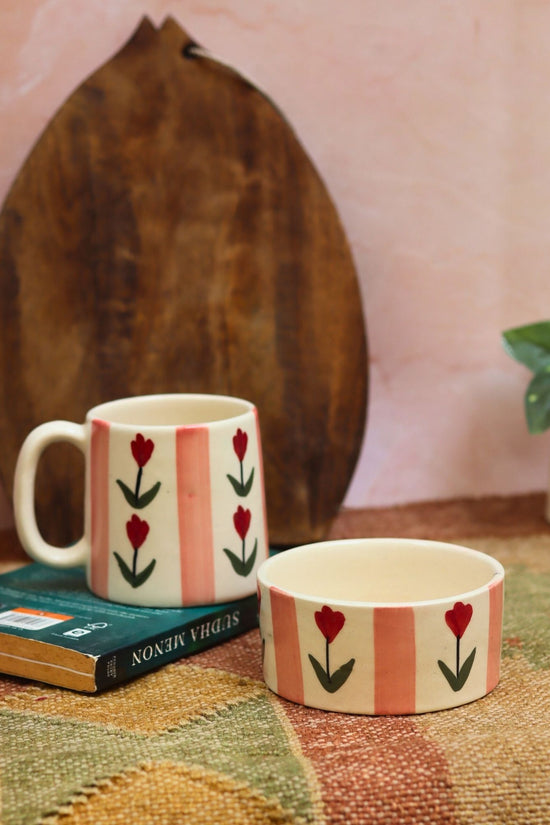 Set of 2 - Tulip Striped Mug & Pastel tulip bowl Combo made by ceramic