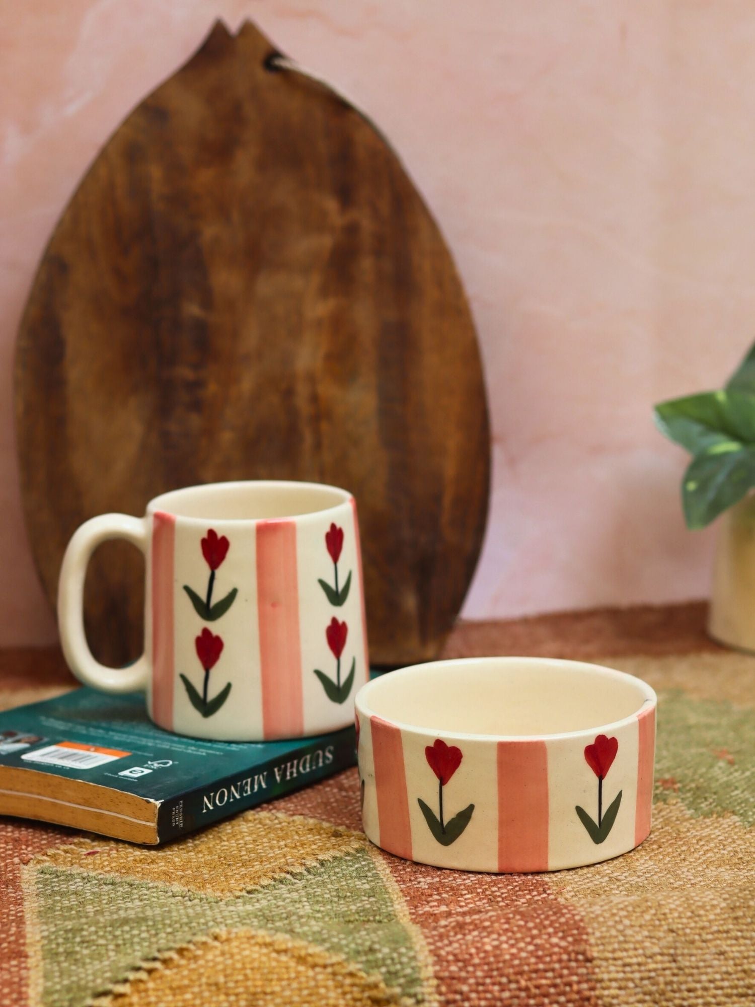 Set of 2 - Tulip Striped Mug & Pastel tulip bowl Combo made by ceramic