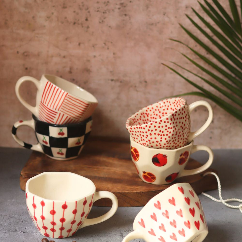 Set of 6 Heart & Polka Mugs (for the price of 5) made by ceramic