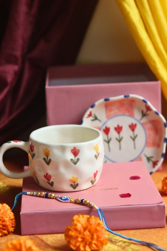 Tulip Floral Mug & Peony handmade Dessert Plate Rakhi Gift Box made with premium quality material