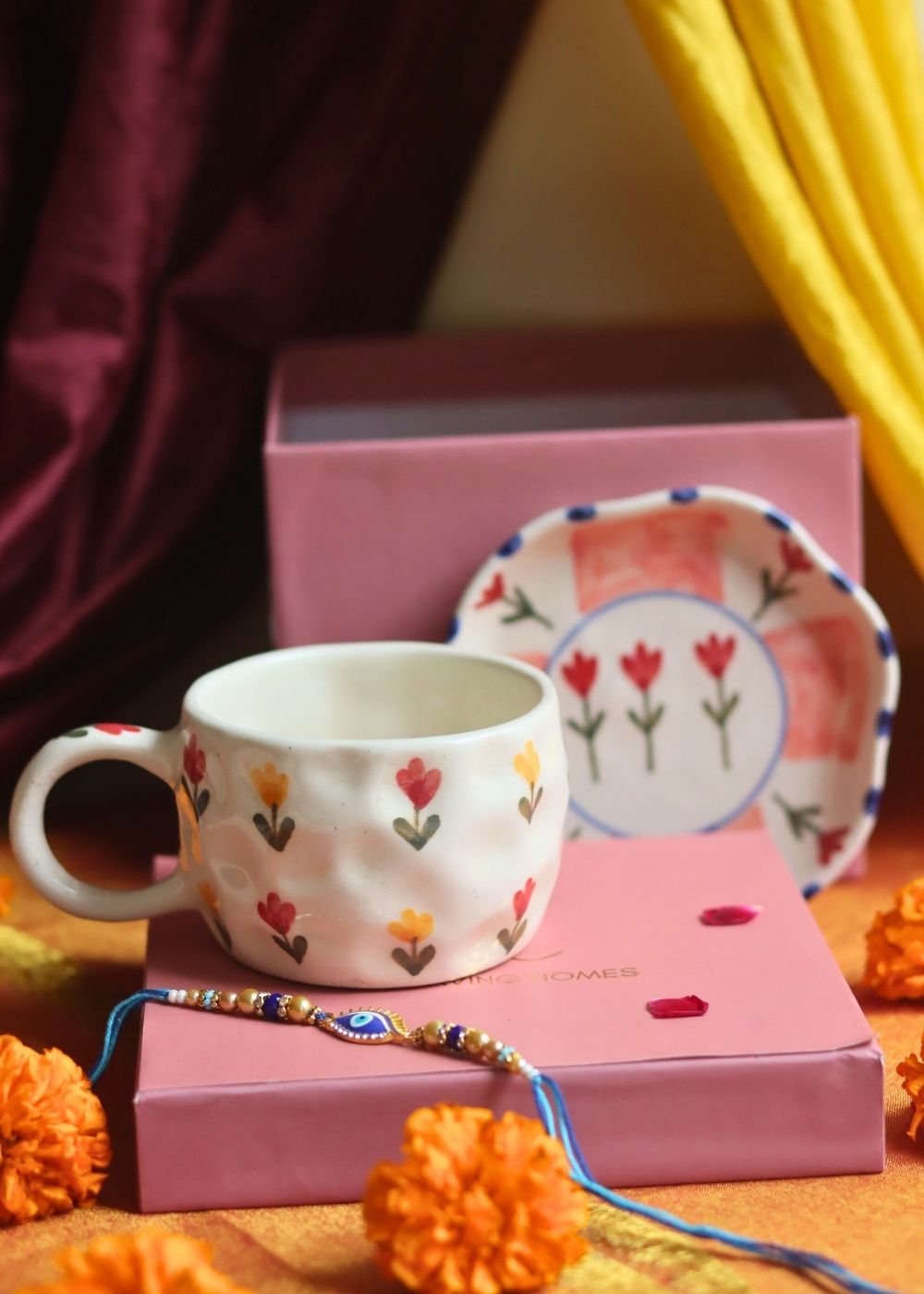 Tulip Floral Mug & Peony handmade Dessert Plate Rakhi Gift Box made with premium quality material
