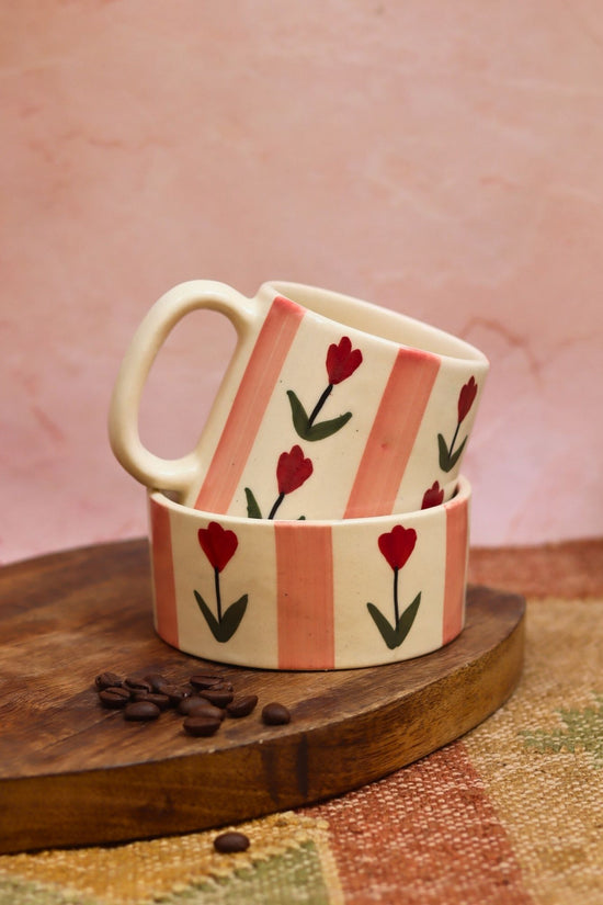 Set of 2 - Tulip Striped Mug & Pastel tulip bowl Combo with premium quality material