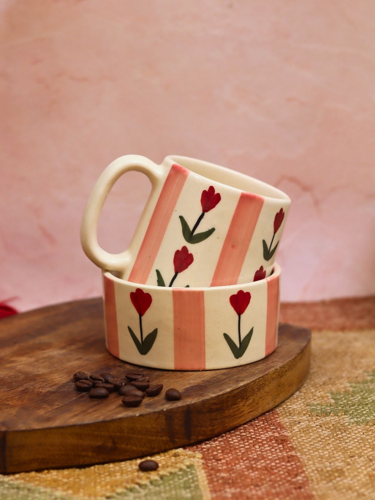 Set of 2 - Tulip Striped Mug & Pastel tulip bowl Combo with premium quality material