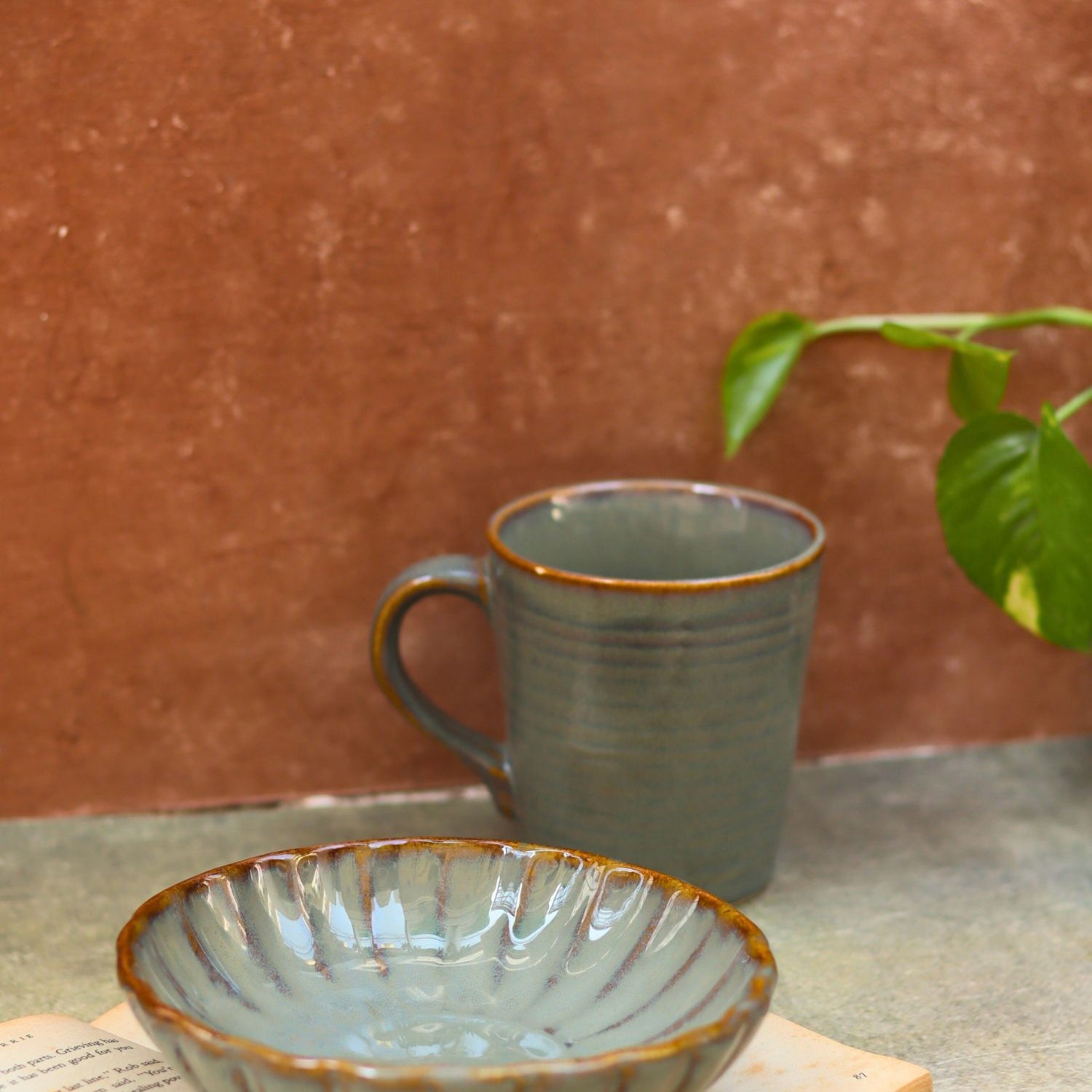 handmade Set of 2 - Olive Coffee Mug & Green Blossom Bowl combo
