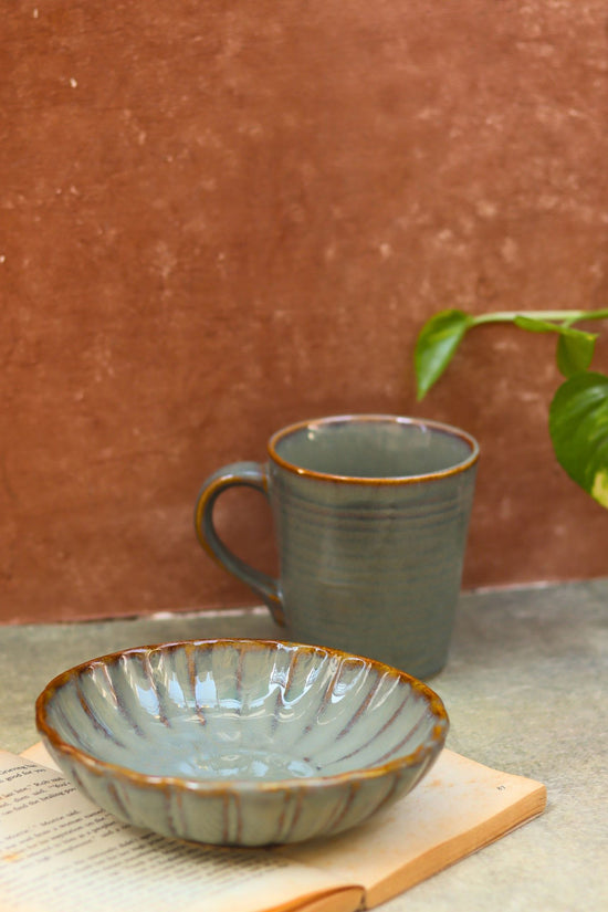 handmade Set of 2 - Olive Coffee Mug & Green Blossom Bowl combo