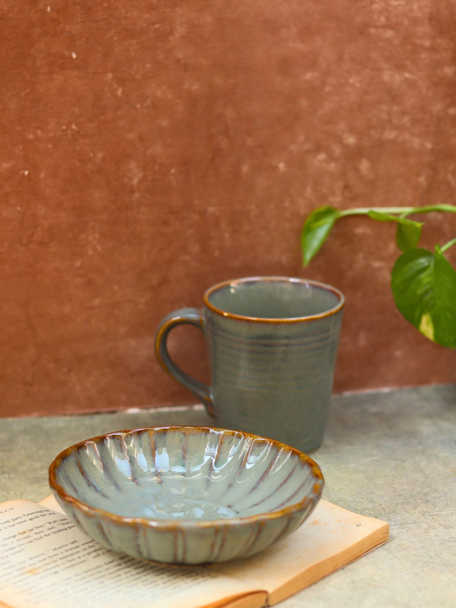 handmade Set of 2 - Olive Coffee Mug & Green Blossom Bowl combo