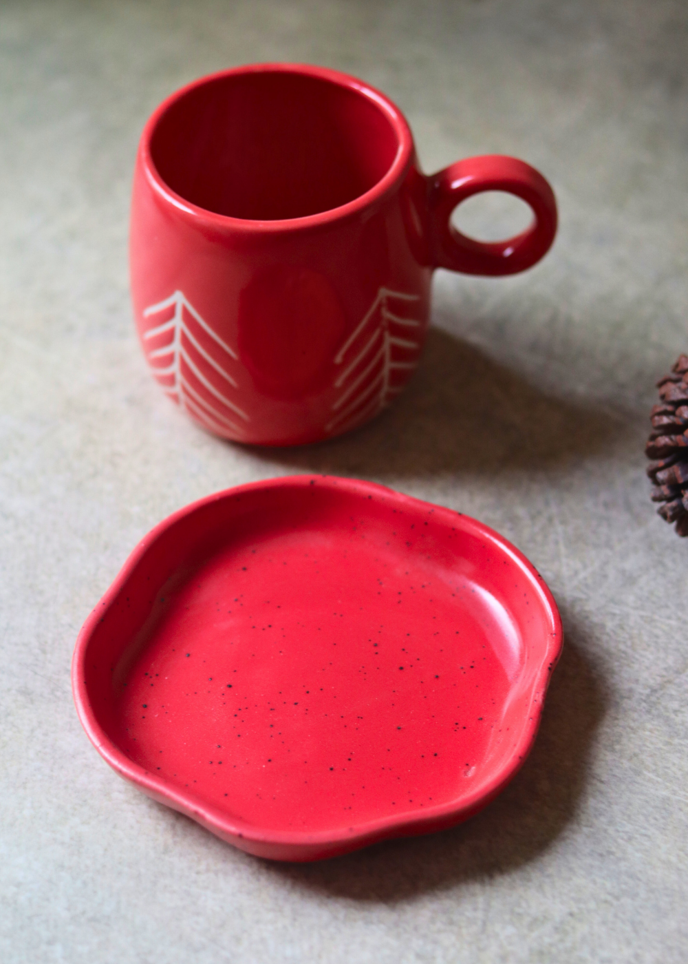 red christmas tree mug & red dessert plate handmade in india 