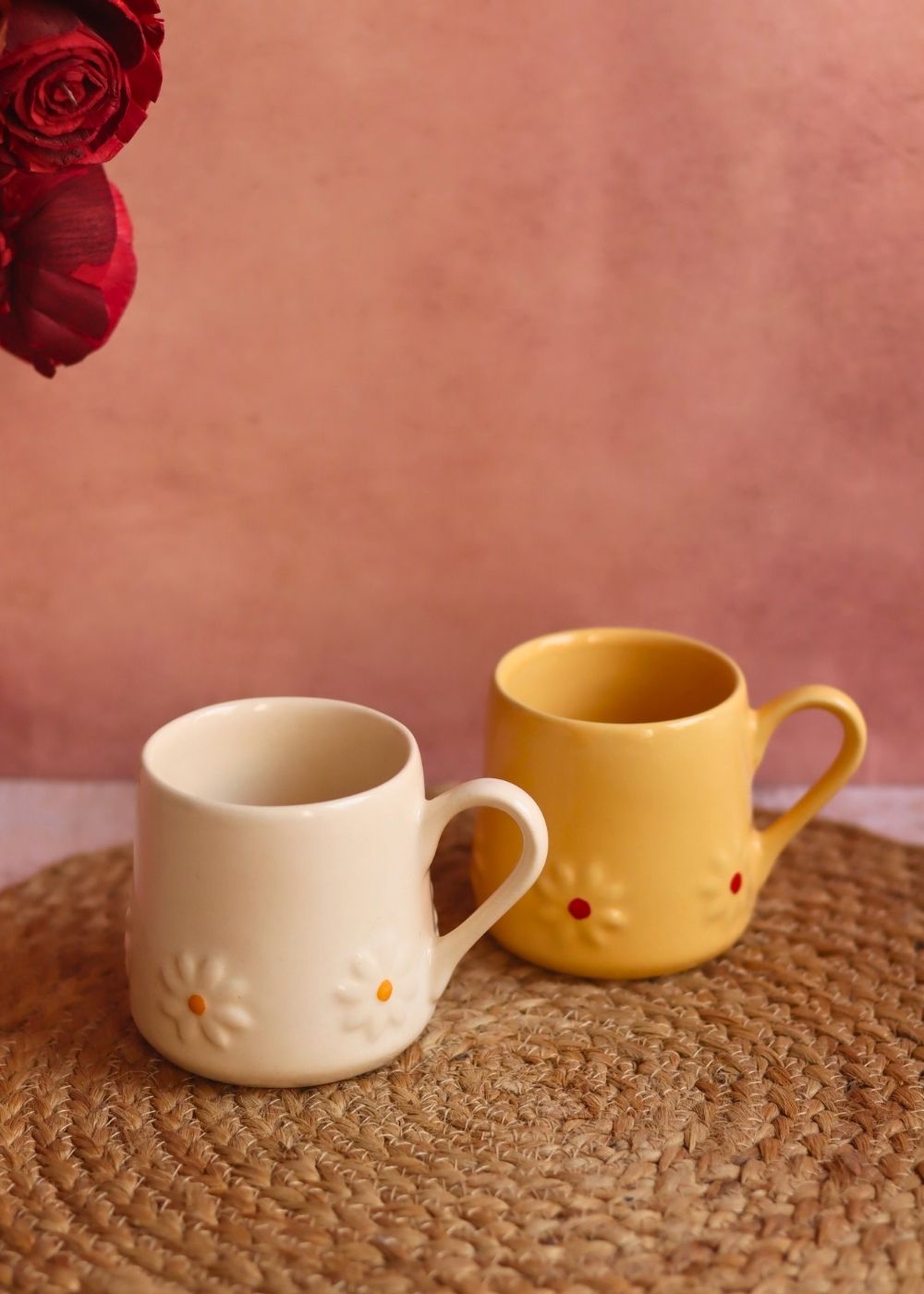 Set of 2 - Yellow & White Lily Mugs handmade in india