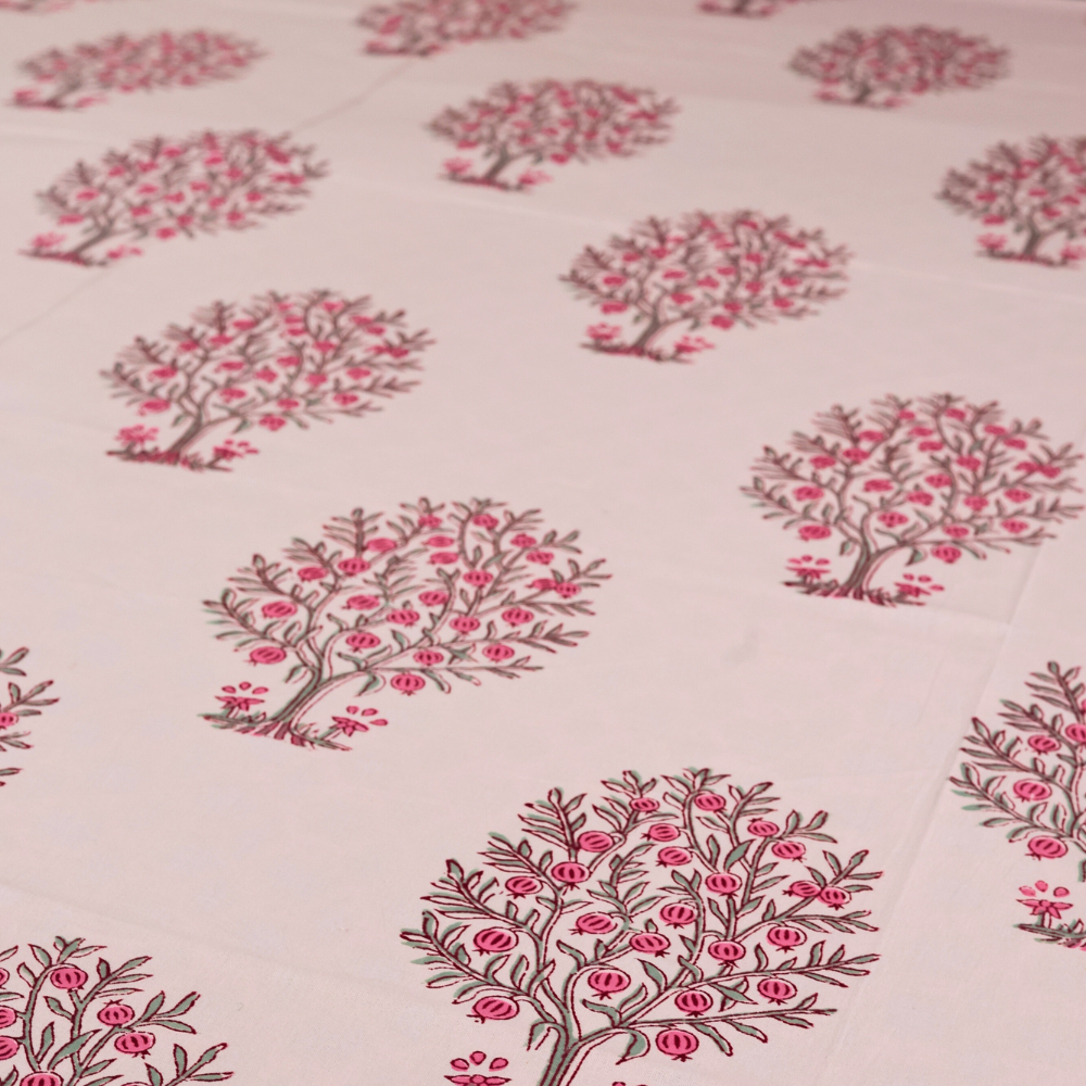 White & pink block printed bedsheet