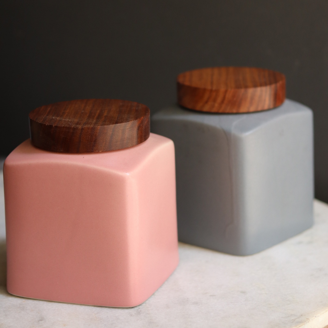  Pink & Grey Square Jars Handmade 
