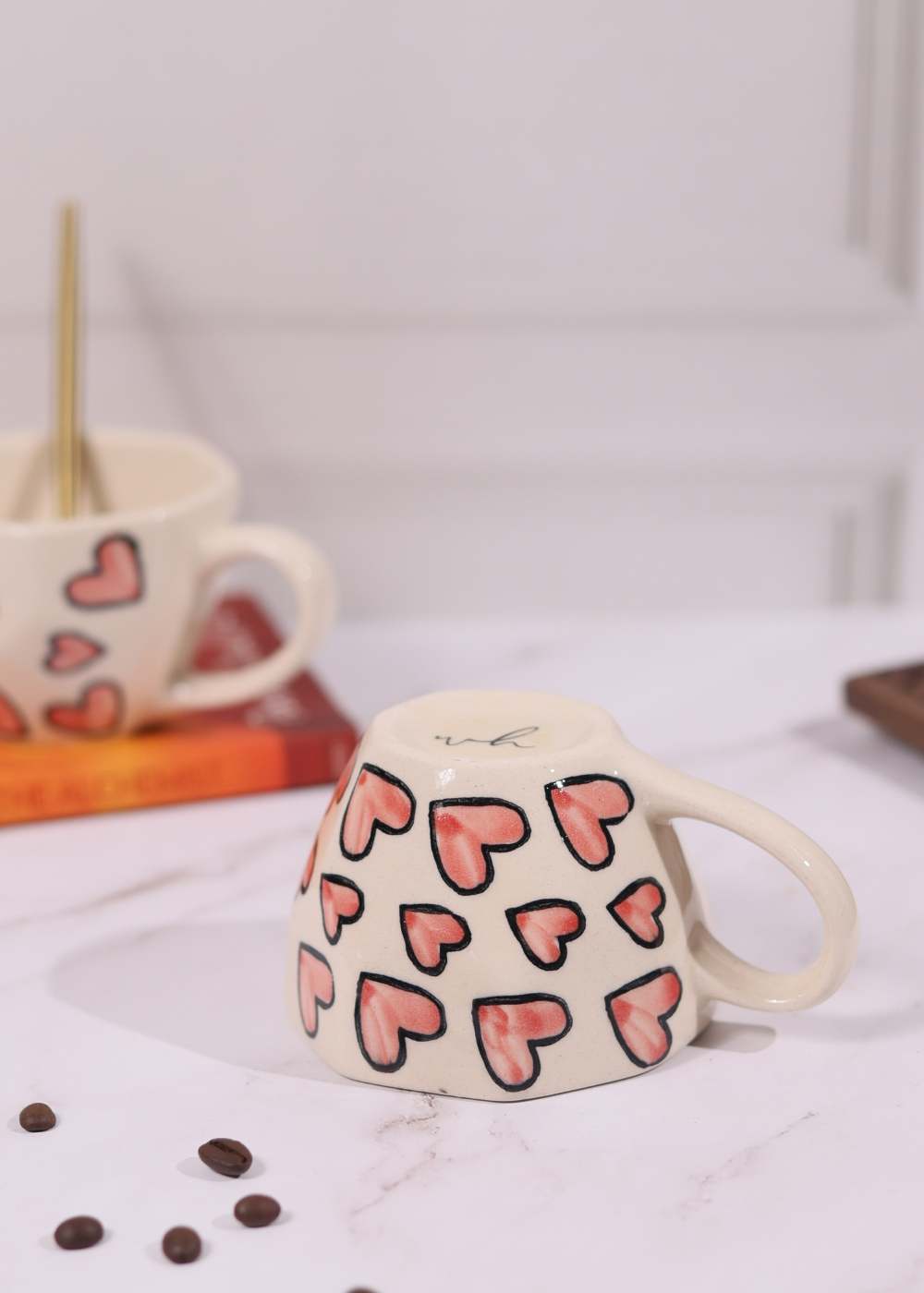 Pink heart coffee mug handmade ceramic 
